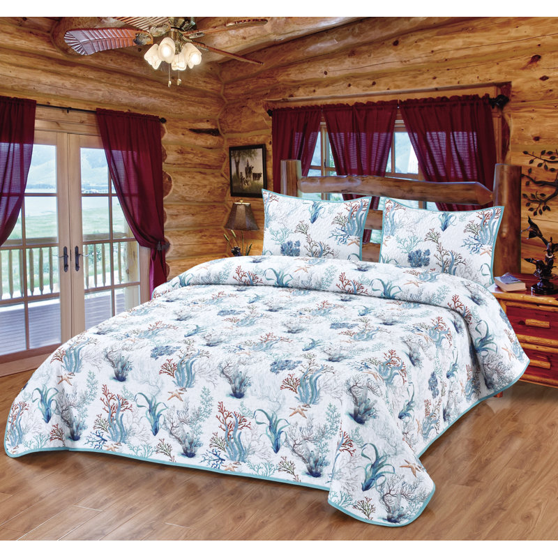 de Leon Collections 63673 Dancing in The Sea Coral Themed Quilt Quilted Bedding Set Multi Color Queen Size